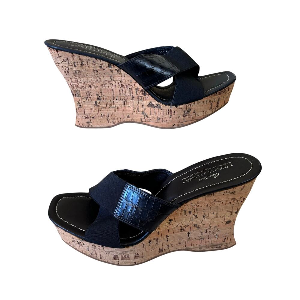 Donald Pliner Black Kogi Leather Shoe Hand Carved Cork Wedge Platform $235 NIB
